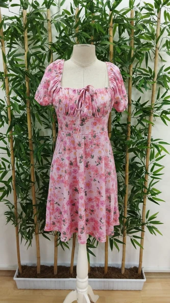 Kadın Kısa Kollu Mini çiçek Baskılı Bağcık Detay Süprem Midi Boy Elbise - Resim 6