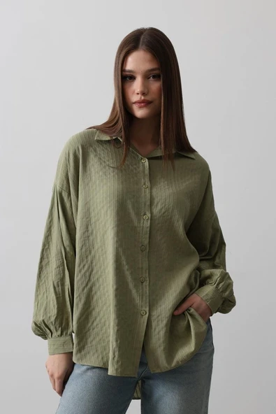 Çizgili Uzun Kol Gömlek - Haki - Resim 3