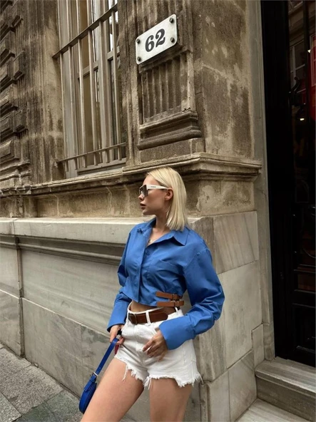 GÖMLEK POPLİN CROP YAN ÇİFT KEMER DETAYLI - Mavi - 4