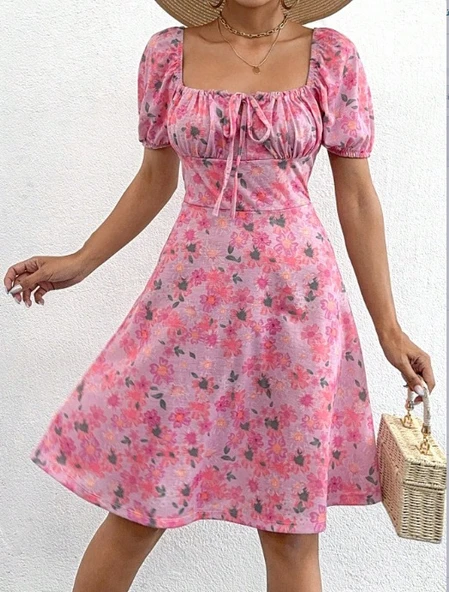 Kadın Kısa Kollu Mini çiçek Baskılı Bağcık Detay Süprem Midi Boy Elbise - Resim 2