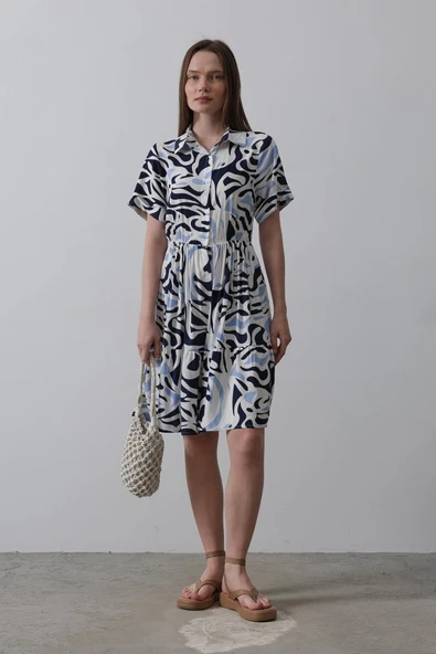 Baskılı Keten Elbise - Lacivert - Resim 3