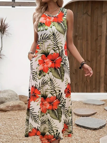 Kadın Askılı Yuvarlak Yaka Cepli Desenli Süprem Elbise ürün görseli