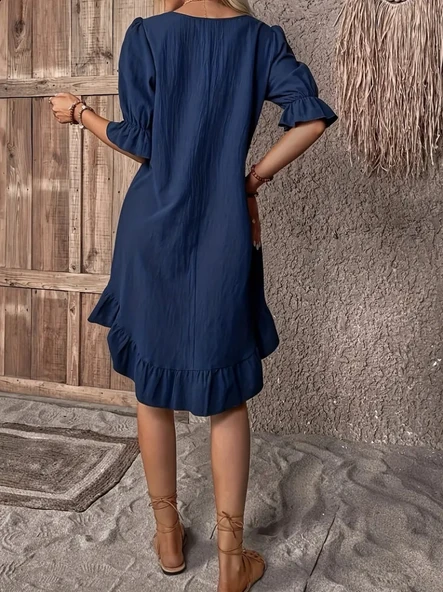 Kadın Kısa Kollu Kol Ve Eteği Volanlı Bisiklet Yaka Aerobin Elbise - Resim 2