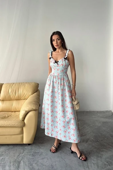 Bebe Mavi Önü Fiyonklu Çiçekli Elbise - Resim 3