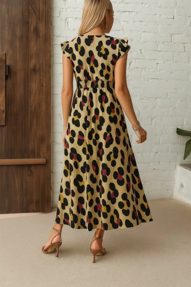 Kadın Kısa Kollu V Yakalı Desenli Yandan Yırtmaçlı Süprem Elbise - Resim 3