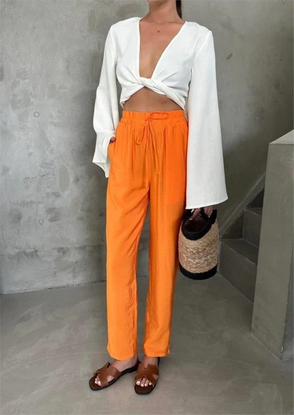 BEL LASTİK DETAYLI MODAL KUMAŞ PANTOLON - Orange - Resim 4