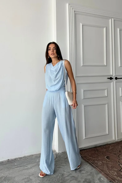 DEGAJE YAKA KOLSUZ BLUZ - PANTOLON TAKIM - Mavi - Resim 2