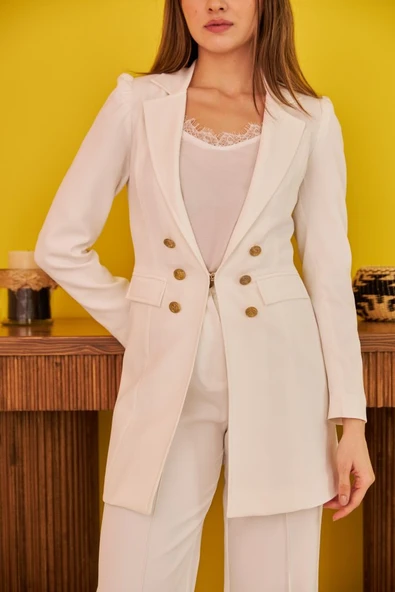Ekru Blazer Düğmeli Ceket - Resim 3