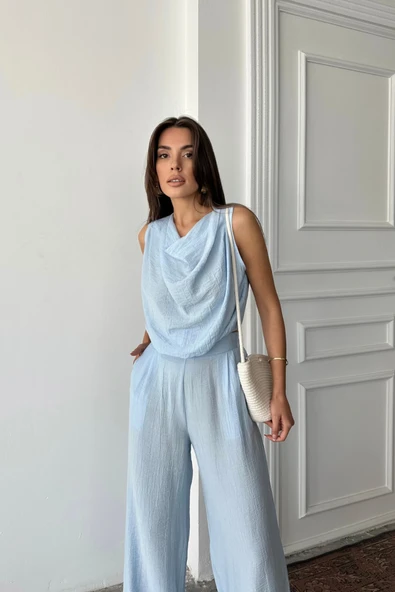 DEGAJE YAKA KOLSUZ BLUZ - PANTOLON TAKIM - Mavi - Resim 4