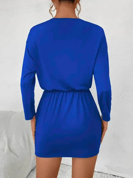 Kadın Uzun Kollu önden Fermuarlı Beli Bağcıklı Kısa Viskon Iki Iplik Elbise - Resim 3