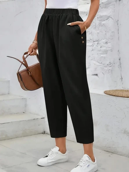 Kadın Yüksek Bel Yandan Cepli Düğme Detaylı Geniş Kesim Ithal Krep Pantolon - Resim 3