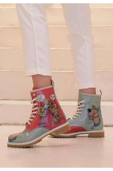 Kadın Vegan Deri Kırmızı Uzun Bot - Warner Bros Hungry Doo Scooby Doo Tasarım - 3