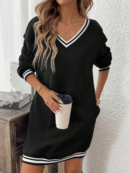 Kadın Uzun Kollu V Yakalı şerit Detaylı Kısa Viskon Iki Iplik Elbise - Resim 3