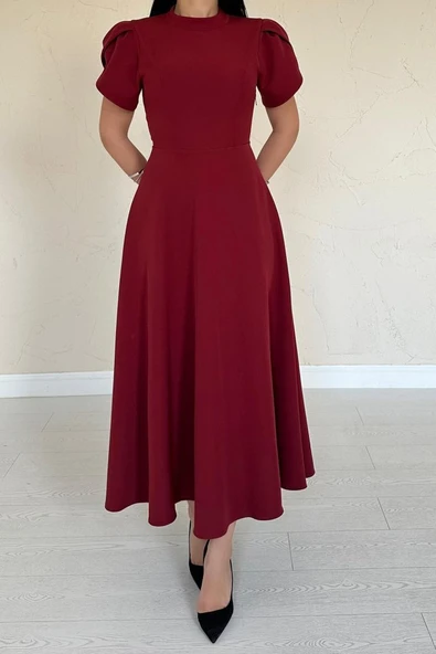 Bordo Arkası Fiyonk Garnili Britli Elbise - Resim 4