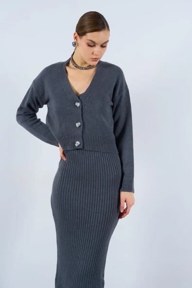 Fitilli Elbise Hırkalı Takım - Füme - Resim 4