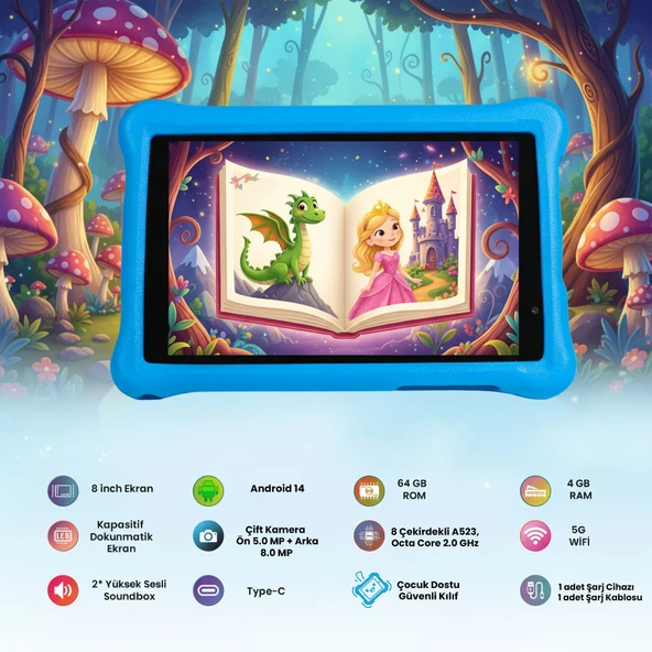 NPO NPK01Pro 8" 1280x800 IPS Ekran 4GB 64GB Android14 A523 2.0GHz Antişok Kılıf Çocuk Tableti Mavi - 2