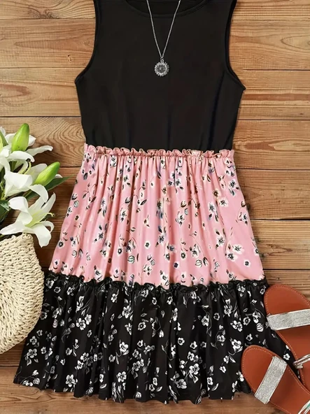 Kadın Askılı Yuvarlak Yaka çiçek Baskılı Salaş Süprem Elbise - Resim 2