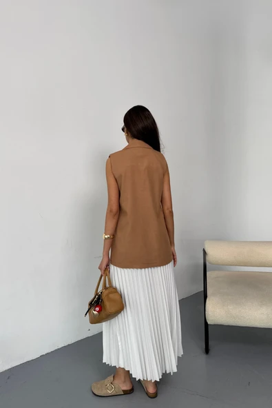 GOLD DÜĞMELİ KETEN YELEK - Kahverengi - Resim 2