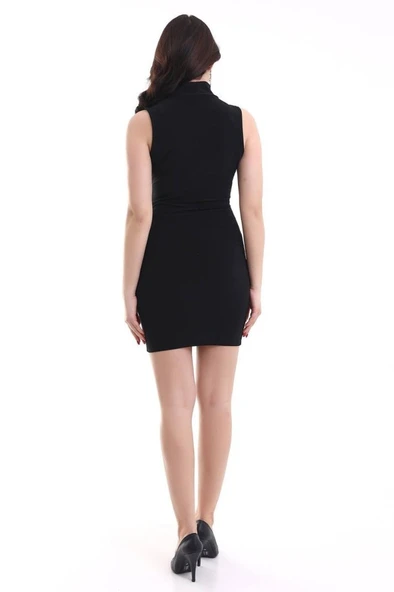 Kadın Asimetrik Yaka Sandy Kumaş Fırsat Ürün Diz Üstü Elbise - Resim 3