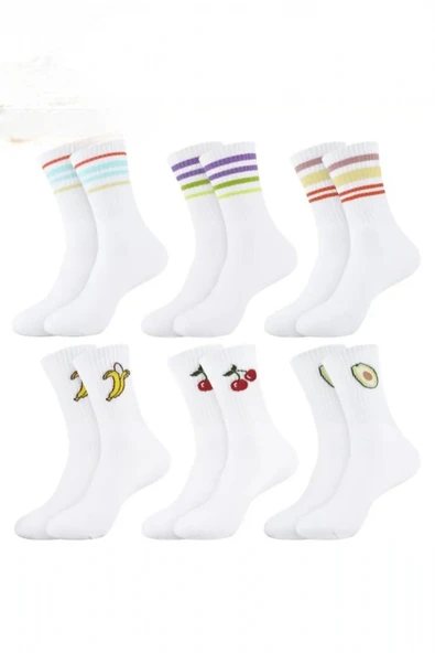 Kadın 6 Çift Premium Kalite Renkli Çizgili ve Meyve Desenli Nefes Alabilen Tenis Çorabı - 2