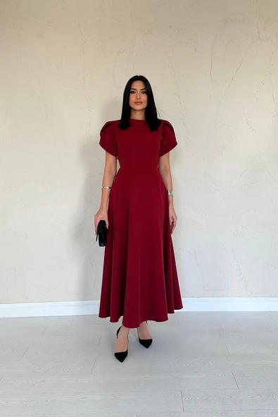 Bordo Arkası Fiyonk Garnili Britli Elbise - Resim 2