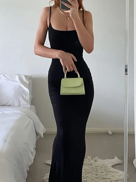 Kadın Kolsuz Askılı Bodycon Uzun Viskon Elbise - Resim 3