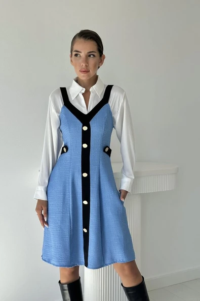 Mavi Siyah Süs Cepli Askılı Elbise - Resim 2