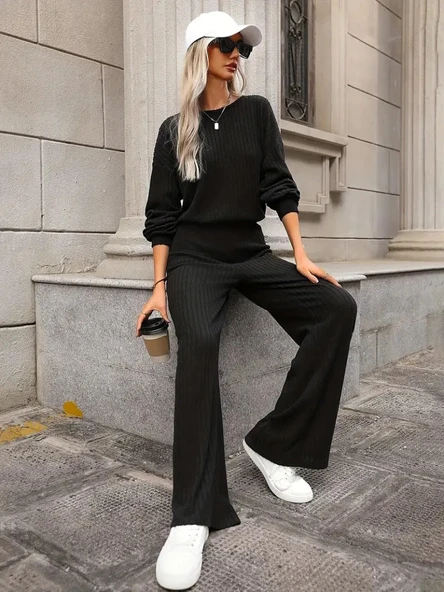 Kadın Uzun Kollu Bisiklet Yaka şardonlu Dalgıç Bluz Ve Pantolon Ikili Takım - Resim 5