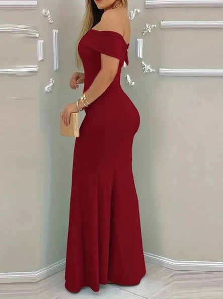 Kadın Kısa Kollu Madonna Yaka Belden Oturtmalı Uzun Ithal Krep Elbise - Resim 2