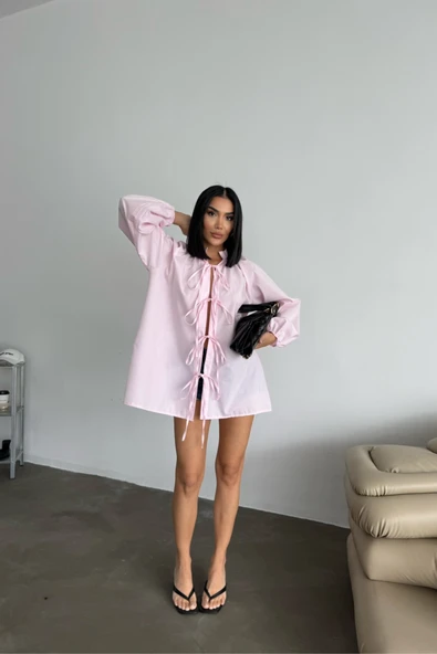 GÖMLEK POPLİN HAKİM YAKA ÖNDEN BAĞLAMA İP DETAYLI - Pembe - 4