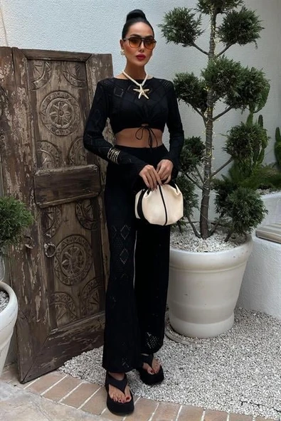 Göğüs Bağcık Detaylı Ajurlu Bluz Pantolon Takım 10098 - Resim 5