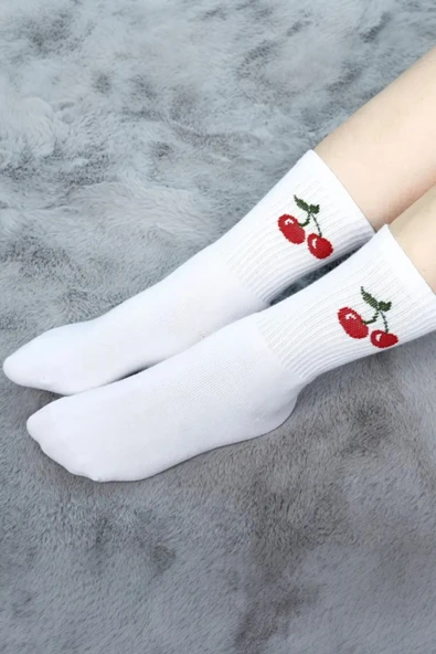 Kadın 6 Çift Premium Kalite Renkli Çizgili ve Meyve Desenli Nefes Alabilen Tenis Çorabı - 3