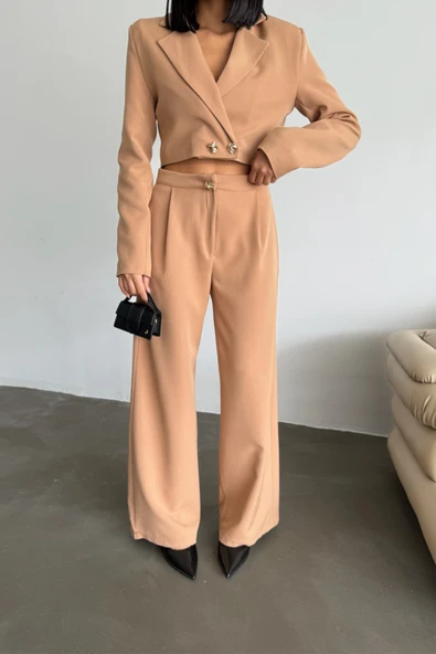 CROP CEKET - PANTOLON TAKIM GOLD DÜĞME DETAYLI - Kahverengi - Resim 2