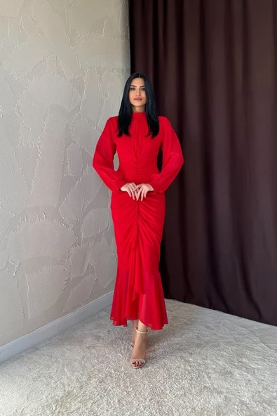 Kırmızı Önü Büzgülü Şifon Elbise ürün görseli
