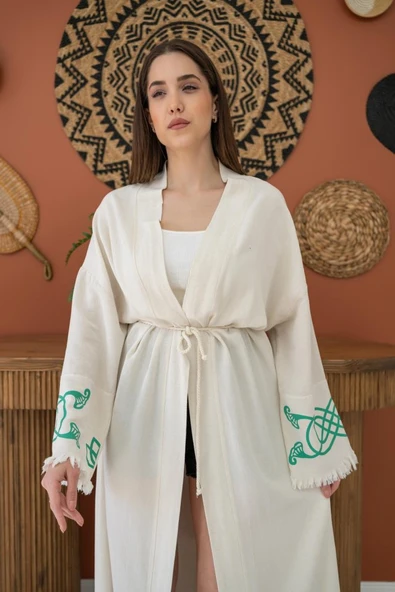 Yeşil Baskı Detay Keten Hırka - Resim 3