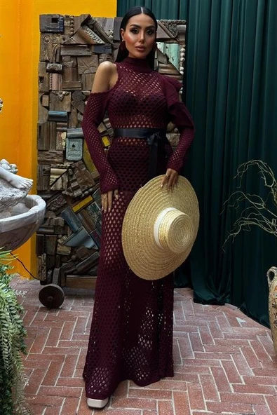 Saten Kuşaklı Ajurlu Triko Elbise 2847 - Resim 5