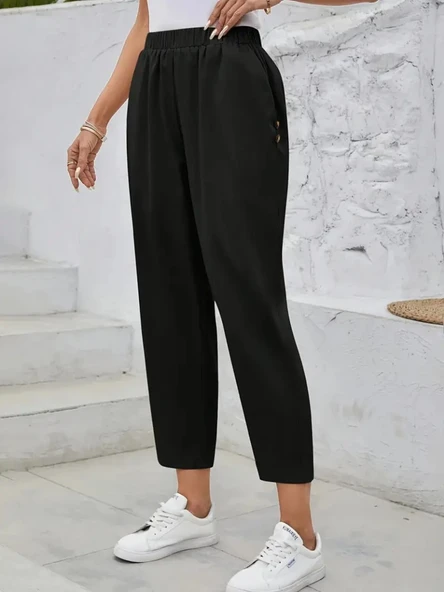 Kadın Yüksek Bel Yandan Cepli Düğme Detaylı Geniş Kesim Ithal Krep Pantolon - Resim 4