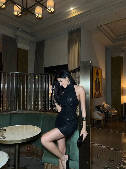 Kadın Pul Payet Kumaş Halter Yaka Mini Elbise - Resim 5