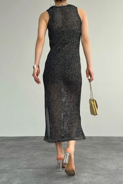 Simli Ajurlu Uzun Elbise - Lacivert-Sarı - Resim 2