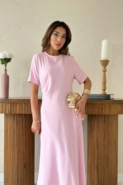 Pudra Pileli Bisiklet Yaka Elbise - Resim 2