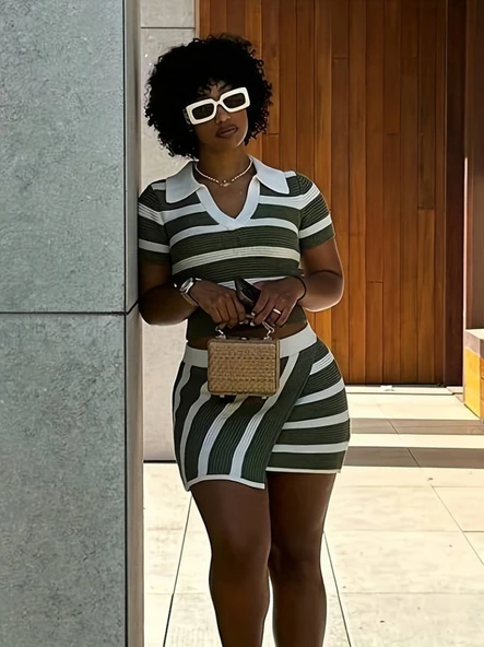 Kadın Kısa Kollu Polo Yaka Crop Asimetrik Mini Triko Etek Ikili Takım - Resim 6