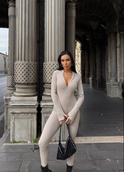 Kadın Kaşkorse Kumaş Fermuar Detaylı Tulum - Resim 3