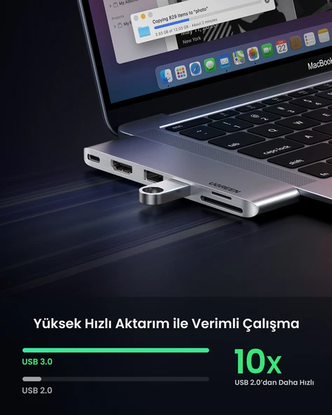 UGREEN 6'sı 1 Arada 2 USB 3.0 100W 6K PD Port Çoklayıcı Hub, 80856 - 6