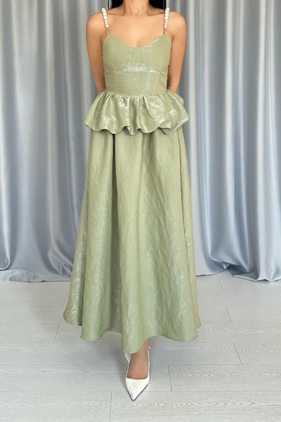 Yeşil Beli Büzgülü İnci Askılı Uzun Elbise - Resim 4