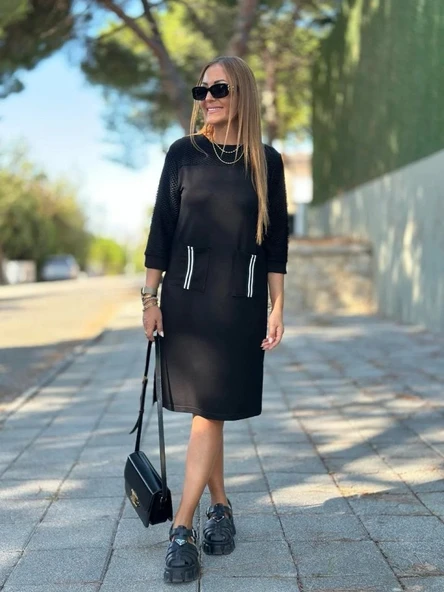 Kadın Viskon Pamuklu Kumaş Kol File , şerit Ve Cep Detaylı Elbise - Resim 5