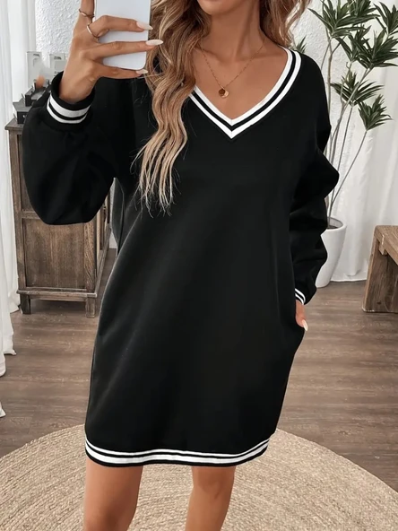 Kadın Uzun Kollu V Yakalı şerit Detaylı Kısa Viskon Iki Iplik Elbise - Resim 4