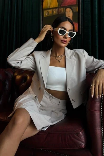 Crop Ceketli Ve Pile Etekli Garnili Takım 10111 - Resim 5