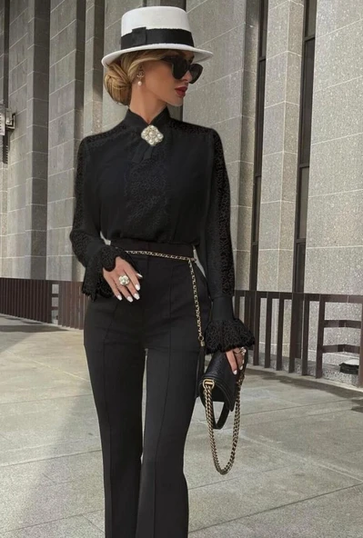 Kadın Uzun Kollu Hakim Yaka Ithal Dantel Detay Gömlek - Resim 3