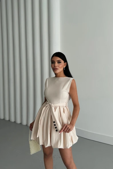 BALON ETEKLİ TASARIM KISA ELBİSE - Bej ürün görseli