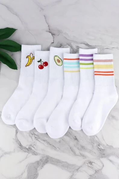 Kadın 6 Çift Premium Kalite Renkli Çizgili ve Meyve Desenli Nefes Alabilen Tenis Çorabı - 4